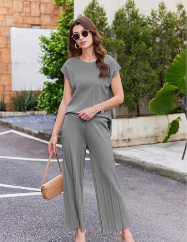 Ekouaer Lounge Sets for Women Two Piece Outfits Knit Cap Sleeve Tops Wide Leg Pleated Pants Casual Dressy Sweater Sets