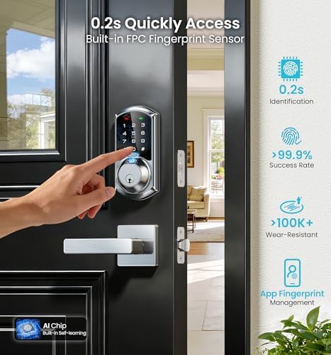Veise VE07-L Fingerprint Smart Lock with 2 Lever Handles Set, Satin Nickel | 8-in-1 Keyless Entry for Front Door, App & Fob Control, Remote Access Sharing, Electronic Touchscreen Deadbolt, Auto Lock