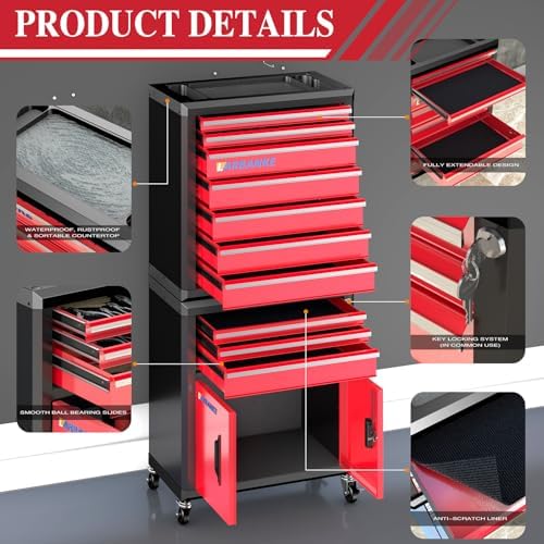 LARBANKE 10-Drawer Rolling Tool Chest with Wheels&Locks, Red Tool Cabinet