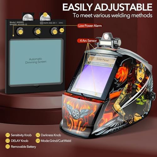 TRQWH Welding Helmet Auto Darkening Large Viewing True Color Solar Powered Welding Mask with 4 Arc Sensor Adjustable Wide Shade Range 4~5-8/9-13 Welder Mask with Grinding