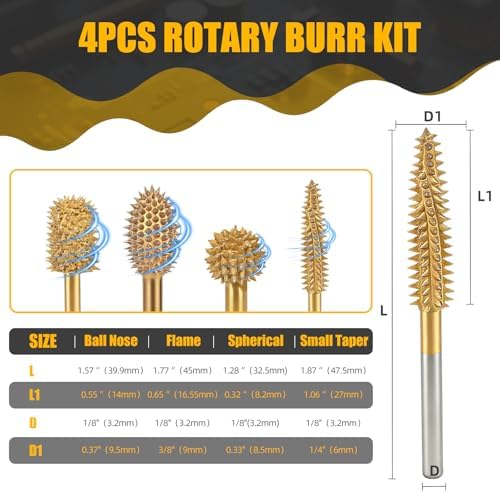 CAELUM Titanium Coated Rotary Burr Set 4Pcs, 1/8" Coarse, Wood Carving Bit
