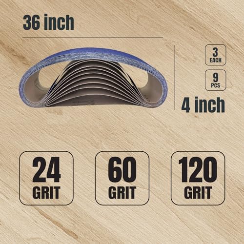POWERTEC 9PK 4x36 Sanding Belts, 3 Each of 24/60/120 Grits Zirconia, 4 x 36 Inch Sanding Belts for Benchtop Belt and Disc Sander, Belt Sandpaper for Woodworking, Metal Grinding, Deburring (443620Z)