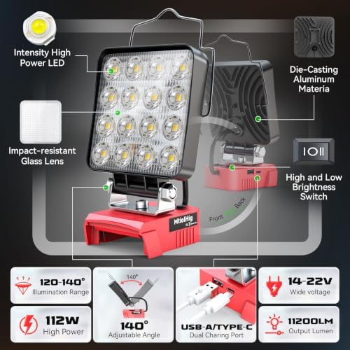 MtiolHig 2PCS Cordless LED Work Light Compatible with Milwaukee 18v Battery,112W 11200 Lumens Battery Powered LED Flood Light Only, with USB & Type-C Charging for Emergency, Workshop(Tool Only)