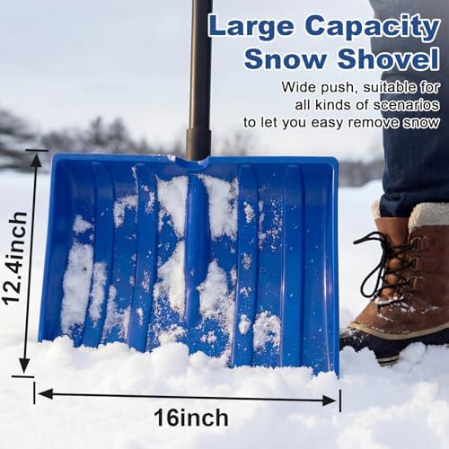 Therwen 52 to 66 Inch Snow Shovel for Driveway with Aluminum Strip Adjustable Length Detachable Large Snow Shovel with D-Grip Handle, Portable Shoveling Tool for Home Garage Garden Camping Outdoor