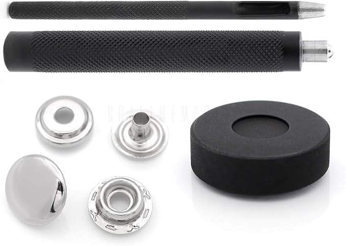 CRAFTMEMORE Snap Setter Fastener Kit Button Fixing Tool Ring-Socket Popper Setting Tool with 10 Silver Snaps #201 VT47 (15mm (0.59"))