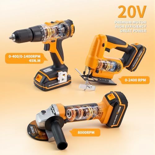 Hoteche 20V Cordless Power Tool Set - 3-in-1 Drill, Jig Saw, Angle Grinder with 2 Batteries (2.0Ah & 4.0Ah) & Fast Charger