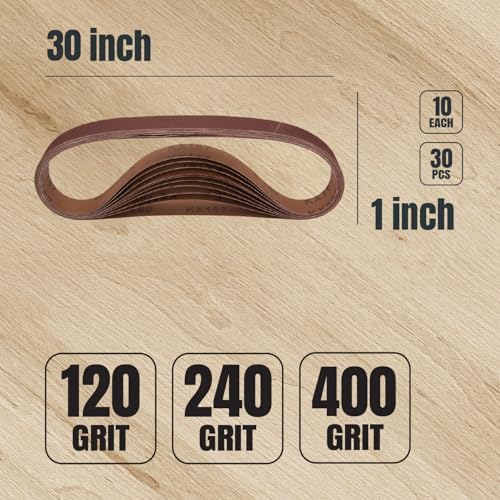POWERTEC 1x30 Sanding Belts, 30PK, 10 Each of 120/240/400 Grits, 1 x 30 Inch Aluminum Oxide Sanding Belts for Belt Grinder, Belt and Disc Sander, Knife Sharpening, Woodworking (11127-6)