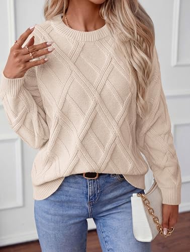 Okiwam Women's Long Sleeve Sweaters Crewneck Cable Knit Pullover