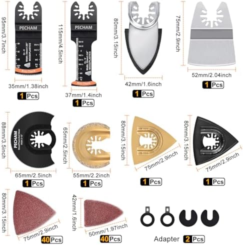 PECHAM 104 Pcs Oscillating Multi Tool Blade, Wood Metal Cutting and Sandpaper Oscillating Tool Accessories with Titanium Quick Tooth Japanese Tooth Multitool Blade Fit More Oscillating Tools