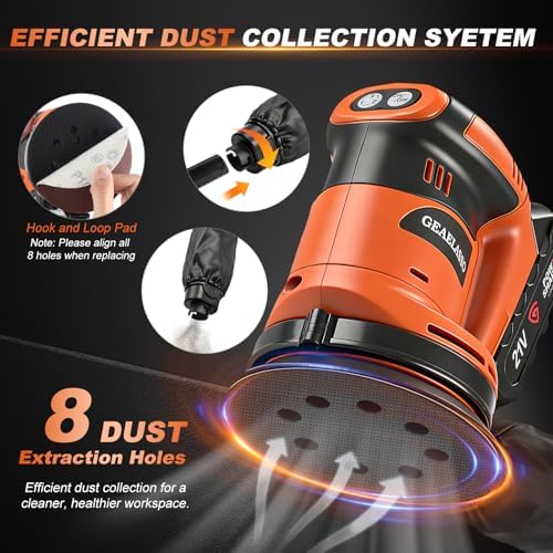 5-Inch Cordless Random Orbital Sander, Battery-Powered Palm Sander with 3 Variable Speeds, 8000–13000 RPM, Battery, 10 Sanding Discs and Dust Collection Box for Woodworking and Furniture