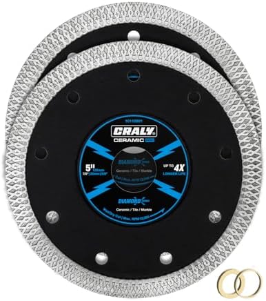 CRALY 5 Inch Super Thin Diamond Blade, 7/8 in Arbor, 5'' Diamond Tile Blade for Angle Grinder & Tile Saw, Diamond Cutting Wheel for Cutting Ceramic, Tile, Marble, Granite, Brick, Porcelain, 2PC