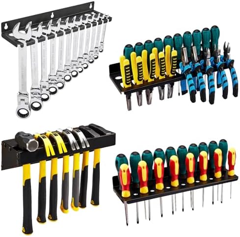 4Pcs Wall Mount Tool Organizer Set,Include Screwdriver Organizer,9mm-24mm Wrench Holder,Pliers Holder,Hammer Rack,Galvanized Steel Hand Tool Storage for Workshop,Shed,Garage,Home