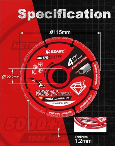 EZARC 4 1/2 Cut Off Wheels, Carbide Cutting Wheel, Angle Grinder Cutting Disc on Wood & Nails, Plaster, Plastics, 5Pack, Red