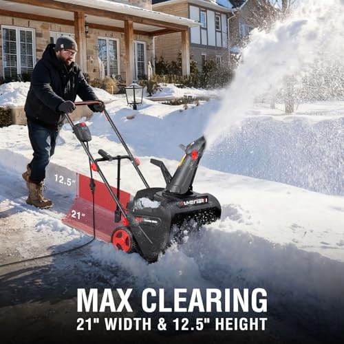 21-Inch Electric Snow Blower, 15-Amp, with LED Light for Patios Deck Yard Driveway(AM7521)