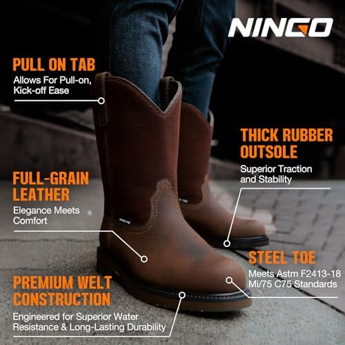 NINGO Men's Steel Toe Work Boots, Waterproof Wellington Safety Boots