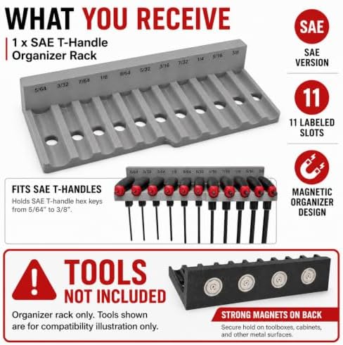 Magnetic T-Handle Hex Key Organizer Rack - Wrench Organizer for Garage, Tool Cart, or Workshop – Compatible with Toolboxes and Storage Systems - sae/metric/torx (SAE)
