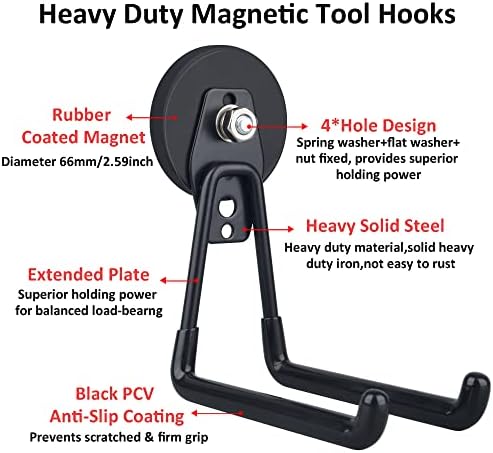 ULIBERMAGNET Magnetic Hooks,Heavy Duty Extra Large Hooks,Power Tool Organizer for Workshop Organization, 2 Pack Tool Hooks for Cordless Drill,Garden Tool,Metal Cabinet,Steel Pegboard(Black)