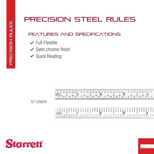 Starrett Full Flexible Steel Rule with Satin Chrome Finish, Quick Reading, and Inch Graduation - 5R Graduation, 12" Length, 1/64" Thickness - C305R-12