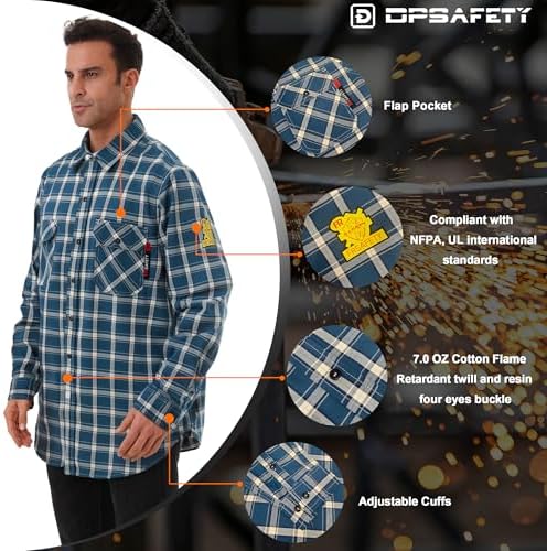 FR Shirts for Men 7oz Fire Resistant Shirts CAT2 Welding Shirt 100% Cotton Flame Resistant Shirt Blue/Plaid(5X-Large)