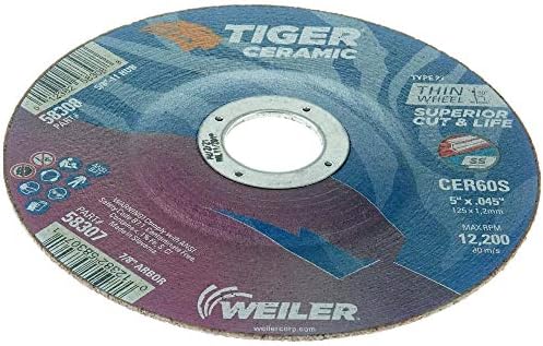 Weiler 58307 5 Inch Cutting Wheel, Tiger Ceramic Stainless Steel Superior Life & Cut Contaminant Free Max Performance Cutting, .045" CER60S Type 27 7/8" Arbor, Pack of 25