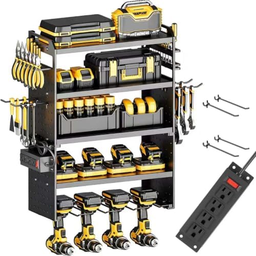 5-Tier Power Tool Organizer Wall Mount with 4 Power Strip, Black