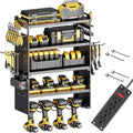 5-Tier Power Tool Organizer Wall Mount with 4 Power Strip, Black