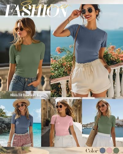 Ficerd 3 Pack Women's Ribbed Short Sleeve T-Shirts