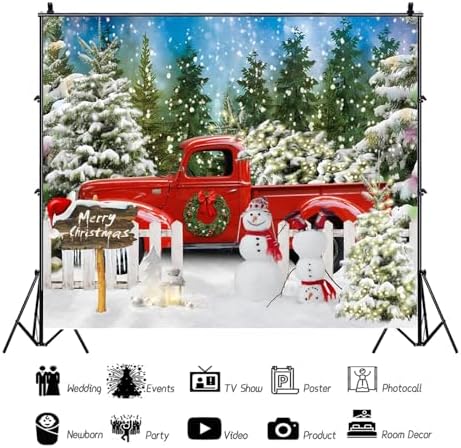 Winter Christmas Snowman Red Truck Backdrop 10x8ft Merry Christmas Winter Forest Photography Background Xmas Theme Party Decorations Studio Photo Booth Props