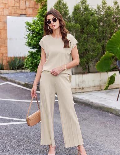 Ekouaer Lounge Sets for Women Two Piece Outfits Knit Cap Sleeve Tops Wide Leg Pleated Pants Casual Dressy Sweater Sets