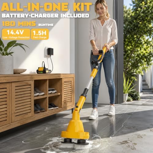 NATBEESY Electric Spin Scrubber Kit, Cordless Battery Electric Mop, Dual-Head Power Scrubber, 680/1200 RPM, 45° Adjustable Head, Extendable Handle for Tile, Tub, Floor, Bathroom
