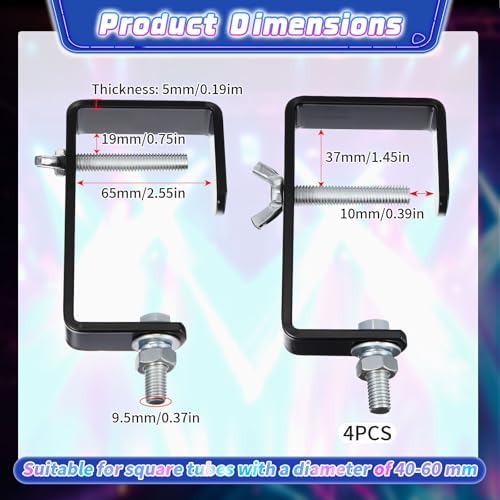 Zonon 4 Pack Square Tube Truss Clamp Hook, Heavy Duty Stage Light Clamp for Square Truss 40-60mm OD, Galvanized Iron DJ Light Holder for Moving Head Par Spotlight, 88 Lbs / 40kg Load (Black)