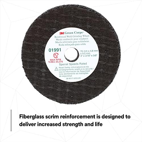 3M Green Corps Reinforced Weld Grinding Wheel 01991, 3 in, .22" x 3/8" 5 Pack Heavy Duty, Resin Bonded, Long Lasting Wheel for Fast Cut, Auto Body