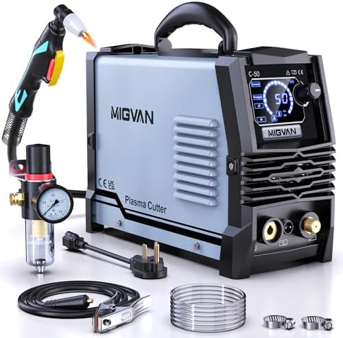 50Amps Plasma Cutter, Large LED Screen Display, MIGVAN Cutter Machine 110/220V Dual Voltage, 1/2" Cut DC IGBT Inverter, Post Flow 2T/4T Metal Cutting Machine with Torch & Tips for Beginners Home DIY