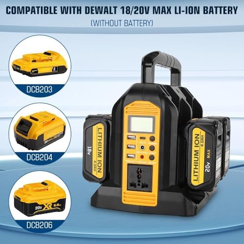 Choerinton 350W Power Inverter for Dewalt 20v 60V Battery 4-Ports DC 20V to AC 110-120V Pure Sine Wave Battery Inverter with LED Light, 3 USB-A Port,1 Type-C Port,1DC Port for Camping Emergency