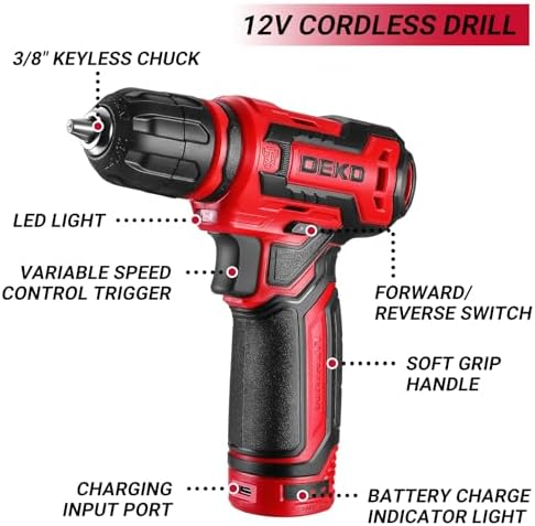 Drill Tool Set：Tool Kit with 12V Power Cordless Drill Hand Repair Tools Box with Drill, Home Tool Kits for Men & Women, Hand Drill Set Perfect for Homeowner, Diyer, Handyman - Red