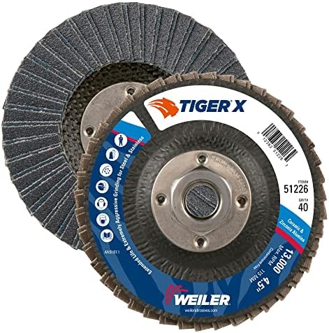 Weiler 51226 Tiger X Flap Disc, Ceramic and Zirconia Alumina, Flat, Phenolic Backing, 40 Grit, 4-1/2", 5/8-11" Arbor Hole (Pack of 10)