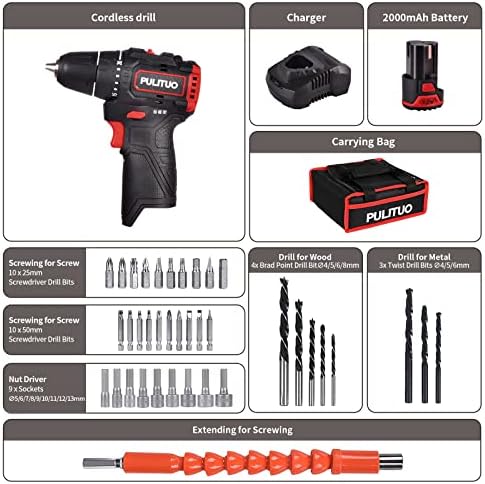 PULITUO Brushless Electric Drill Set,[Brushless Motor],12V Power Drill 310 In-lb Torque, 20+1 Clutch, 3/8" Keyless Chuck,45min Fast Charger, 2 Speed, LED Light for Home and DIY Project