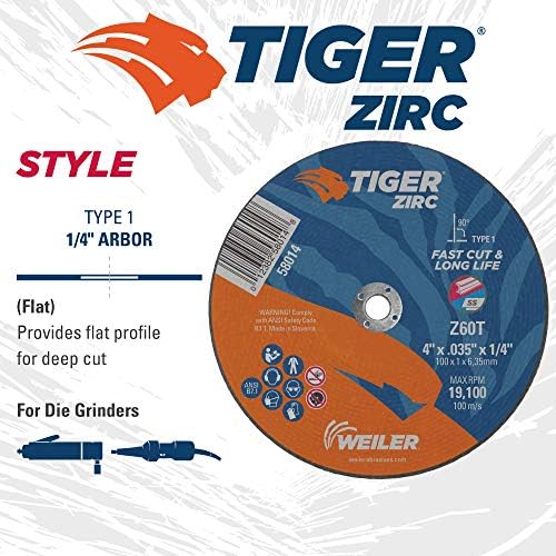 Weiler 58014 4-Inch Cutting Wheel, Tiger Zirc Metal Fast Cut & Long Life, High Performance Cutting, 0.035" Z60T Type 1 1/4" Arbor (Pack of 25)