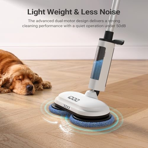 iDOO Electric Cordless Spin Mop, Electric Mops for All Floor with Sprayer & LED Headlight, Quiet Self Propelled, Water Tank 4 Replaceable Heads, for Women