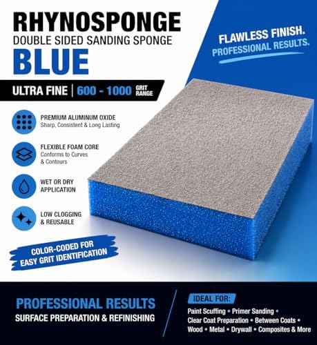 Indasa Rhyno Double Sided Sanding Sponge Pads – Aluminum Oxide, 4.75" x 3.75" x 1/2" – Flexible Foam Sanding Block (100 Pack) (Blue – Ultra Fine (600–1000 Grit))
