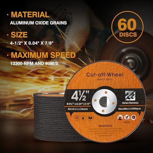 60 Pack 4 1/2 inch Cut-Off Wheels for Metal & Stainless Steel and PVC Tube 4.5" x.040 x7/8" Cutting Wheel for Angle Grinder Aggressive Cutting disc for General Purpose Metal Cutting