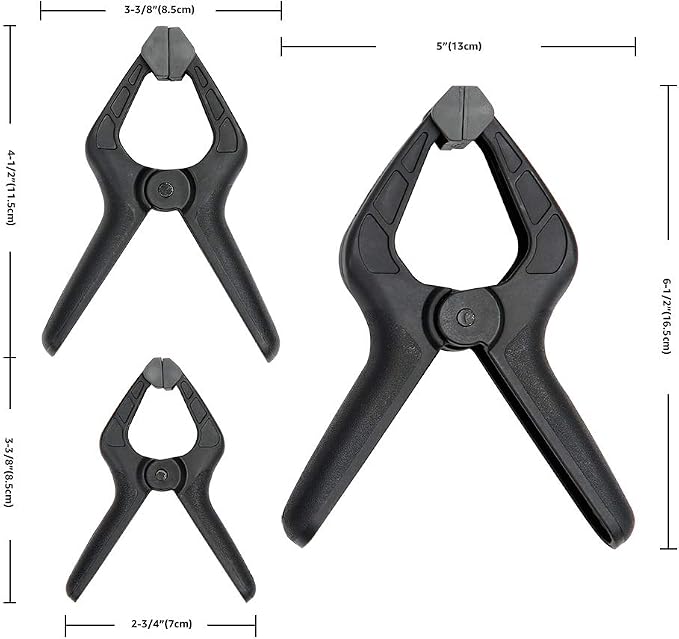 Amazon Basics 14-Piece Nylon Spring Clamp Set for Photography, Woodworking and Crafts, 6 Pack of 3-3/8-inch, 4 Pack of 4-1/2-inch, 4 Pack of 6-1/2-inch, Black/Grey