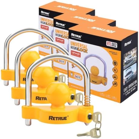 RETRUE Universal Coupler Lock Trailer Locks Ball Hitch Trailer Hitch Lock Adjustable Security Heavy-Duty Steel Fits 1-7/8 Inch, 2 Inch, 2-5/16 Inch Couplers, Yellow (Pack of 3)