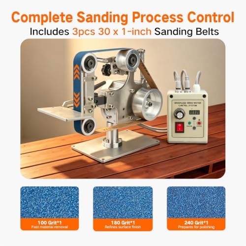 Belt Grinder Sander, 30 x 1-Inch Variable Speed Belt Polisher with VFD, 750W Electric Grinding Machine with 2 Grinding Moulds & 3 PCS Sanding Belts for Metalworking, Knife Making