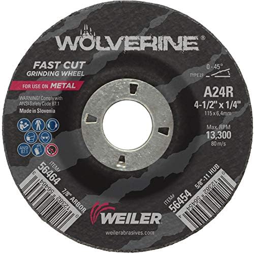 Weiler 56464 4-1/2" X 1/4" Wolverine Type 27 Grinding Wheel, A24R, 7/8" A.H. (Pack of 10)