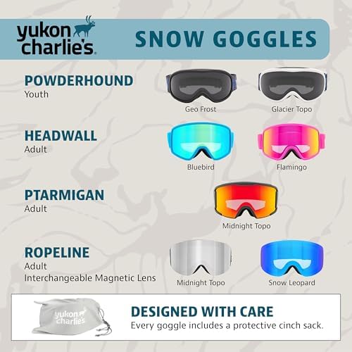 Yukon Charlie's Ropeline Adult Snow Goggles - Removable Magnetic Cylindrical Lens - Boosted Contrast, Reduced Glare, Anti-Fog