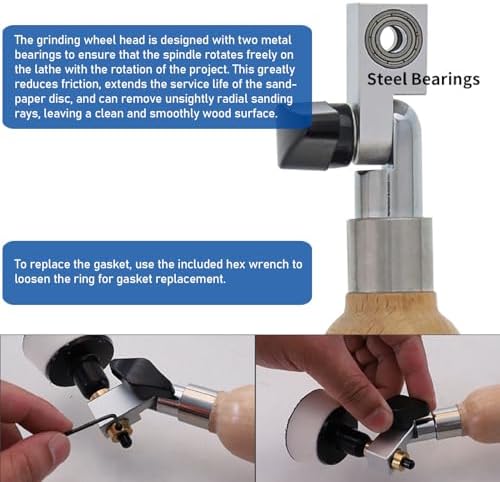 Bowl Sander Tool Kit, Wood Lathe Tool with 13in Long Hardwood Handle, Bearing Head, Rotatable Spindle Head, 1in 2in Pads 50pcs Sanding Discs, Woodworking Passive Rotary Sander