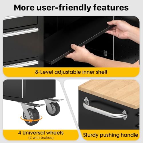 72" Rolling Tool Chest, Heavy-Duty Tool Box with Power Outlet, Tool Cabinet with 10 Drawers, Rubber Wood Workbench with Key Locking System Drawer Liners for Garage Warehouse Repair Shop
