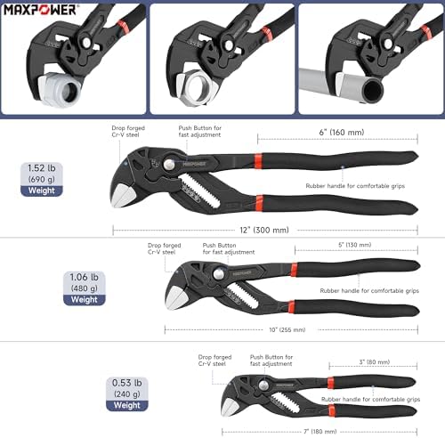 MAXPOWER 3-Pc Pliers Wrench Set, 7" 10" 12", Smooth Jaw, Push-Button Adjust