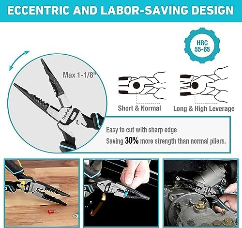 DURATECH 6-in-1 Needle Nose Pliers, 8.5" Multipurpose Long Nose Pliers with Wire Stripper/Crimper/Cutter Function, Heavy Duty Multifunctional Electrician Pliers for Crimping, Stripping, Shearing